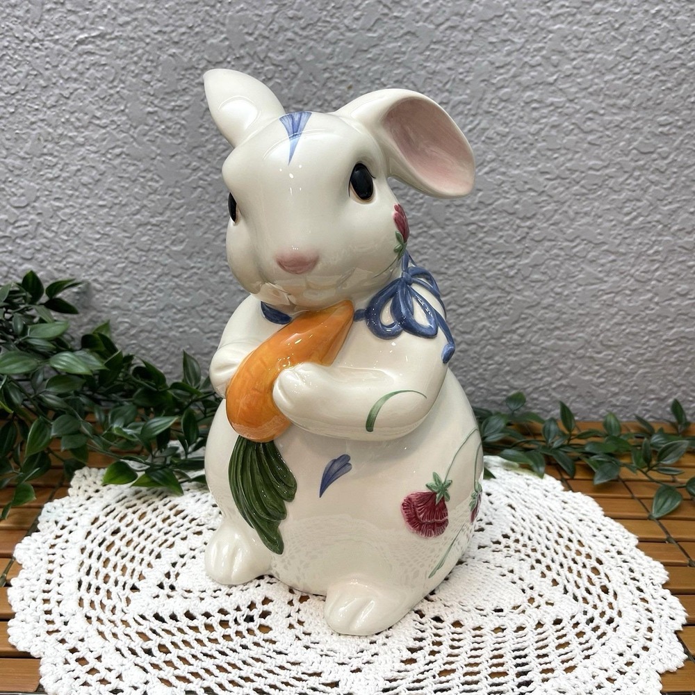 Lenox Poppies On Blue Barnyard Collection Bunny Rabbit Cookie Jar 10" Vintage